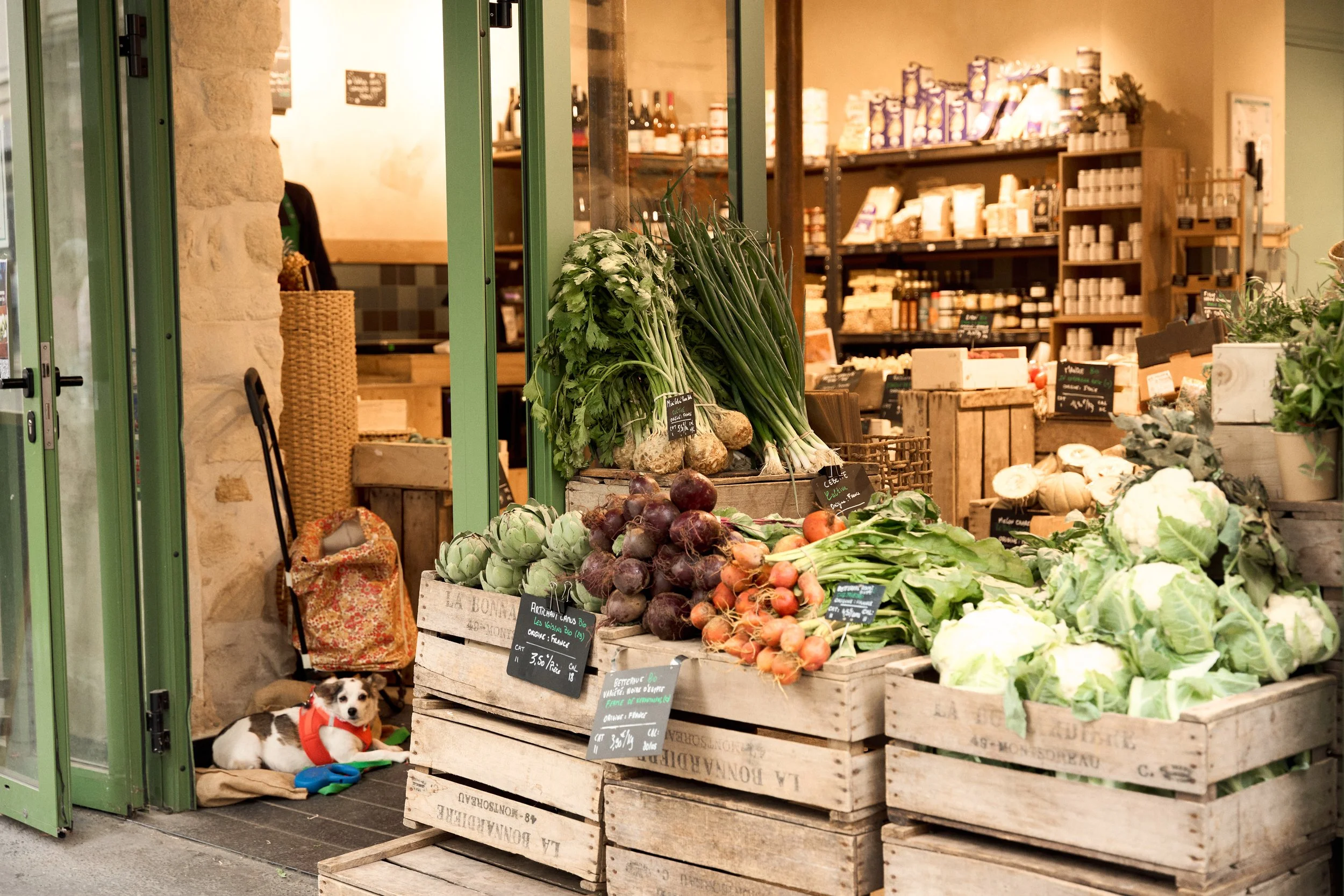Fresh vegetables and herbs displayed outside an independent Paris food shop, with a dog resting by the doorway