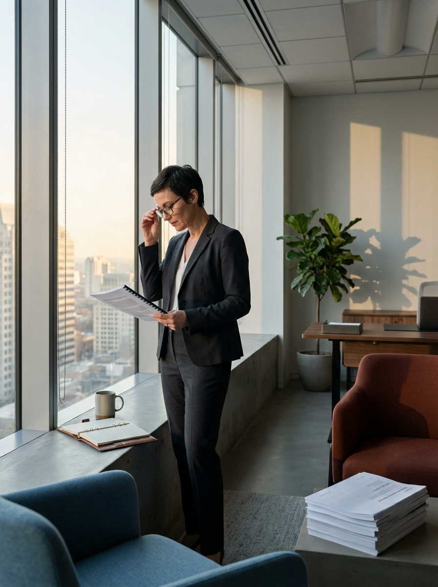 A woman in a business suit with short dark hair and glasses is standing by a large window, reading a document and adjusting her glasses, in an office with a cityscape view. The office has a desk with a potted plant, a stack of papers, a coffee mug, and various chairs.
