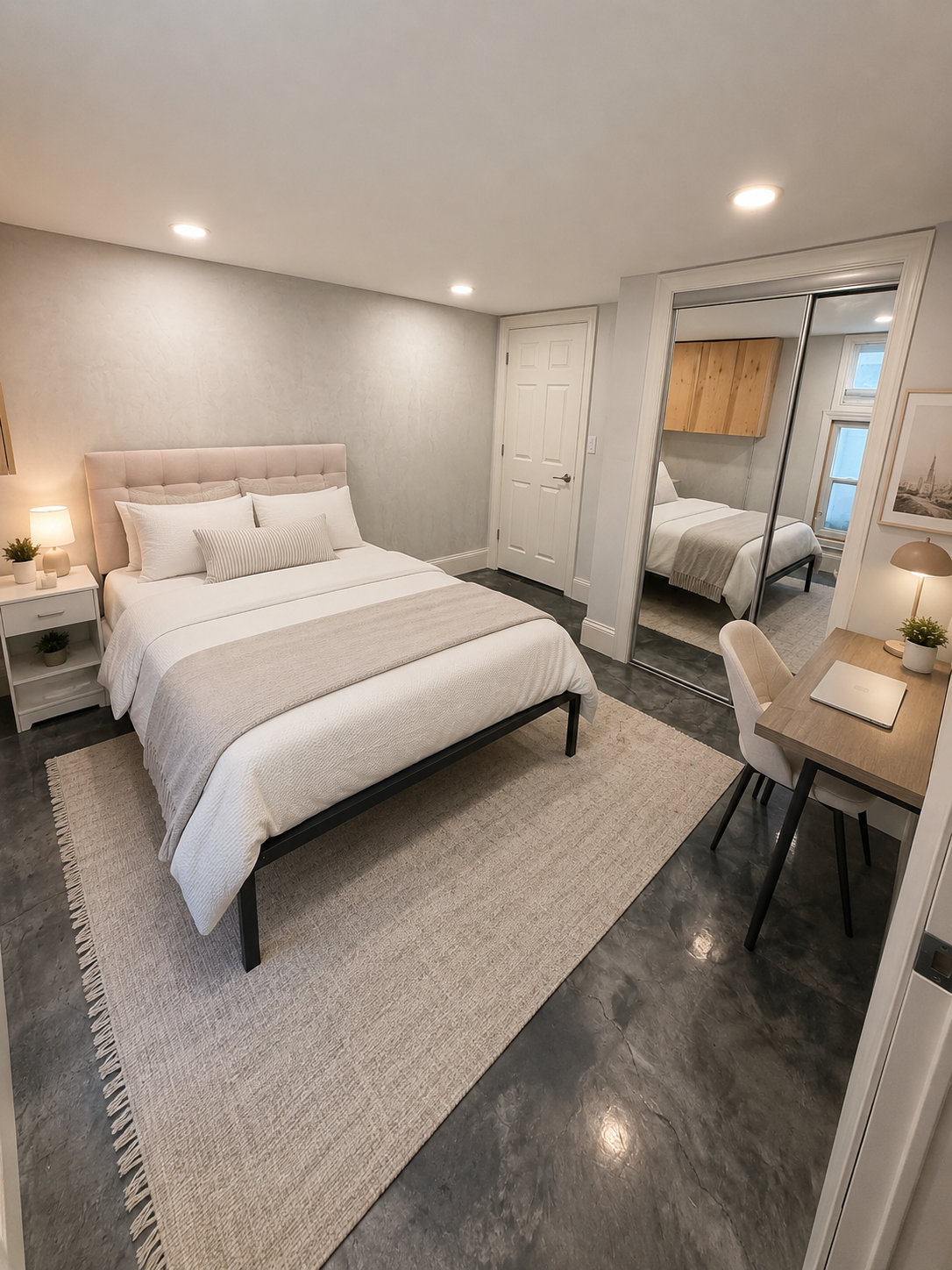 A modern bedroom with a large bed, white bedding, a beige headboard, nightstand with a lamp and small plant, a mirror closet, a desk with a laptop and a chair, and a window with a view.