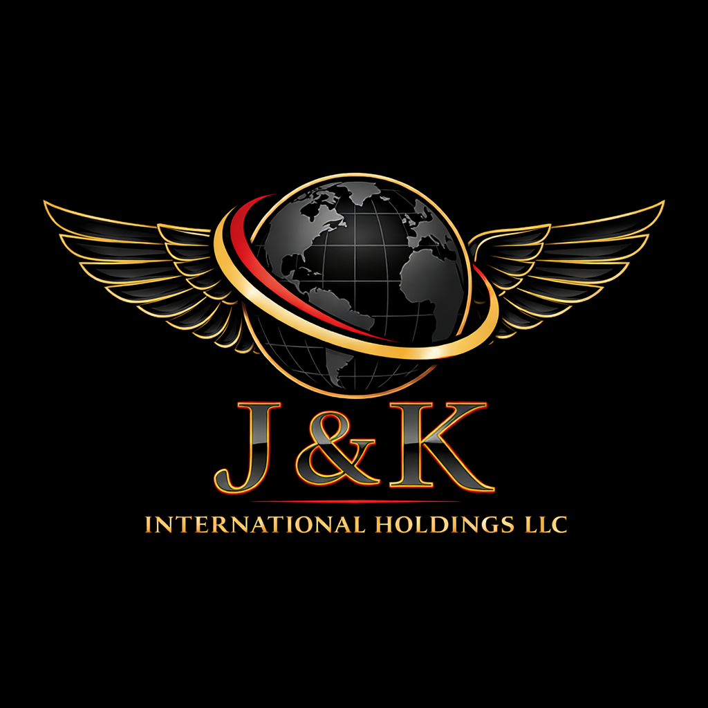 Logo for J&K International Holdings LLC featuring a globe with wings and a red and gold orbit around it.