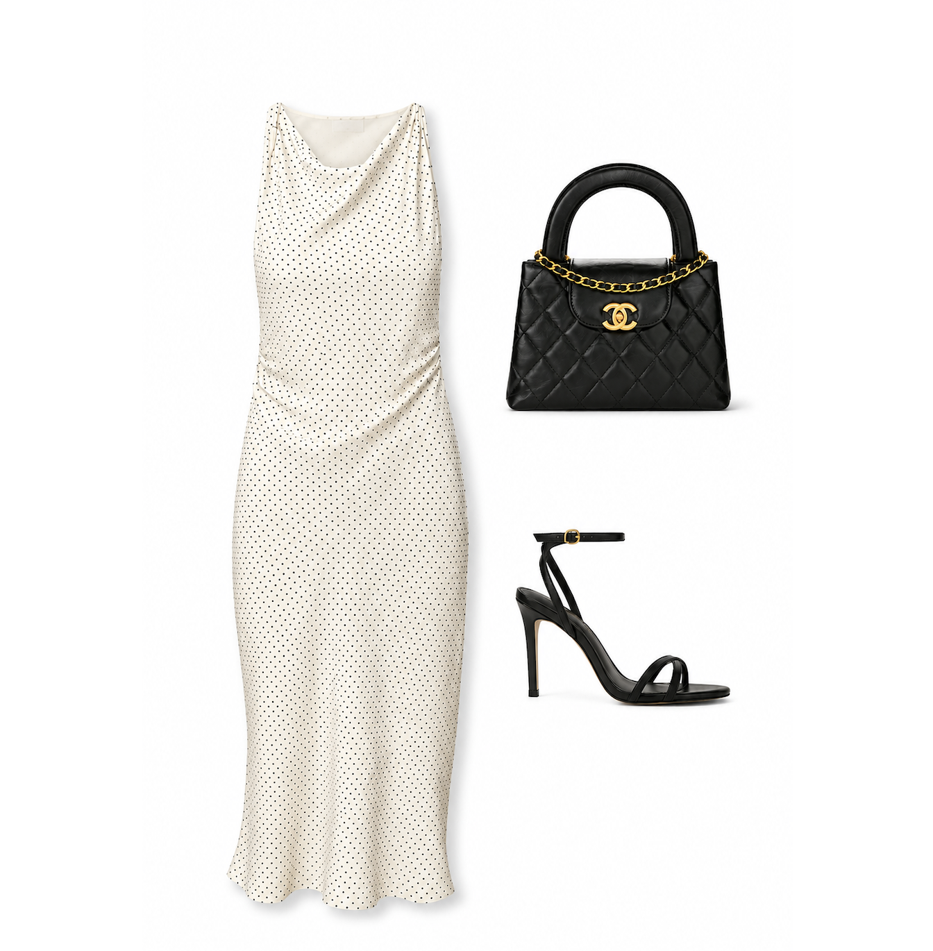 The perfect post-conference gala dress. A white polka-dot maxi with a draped neckline and sleek satin finish.