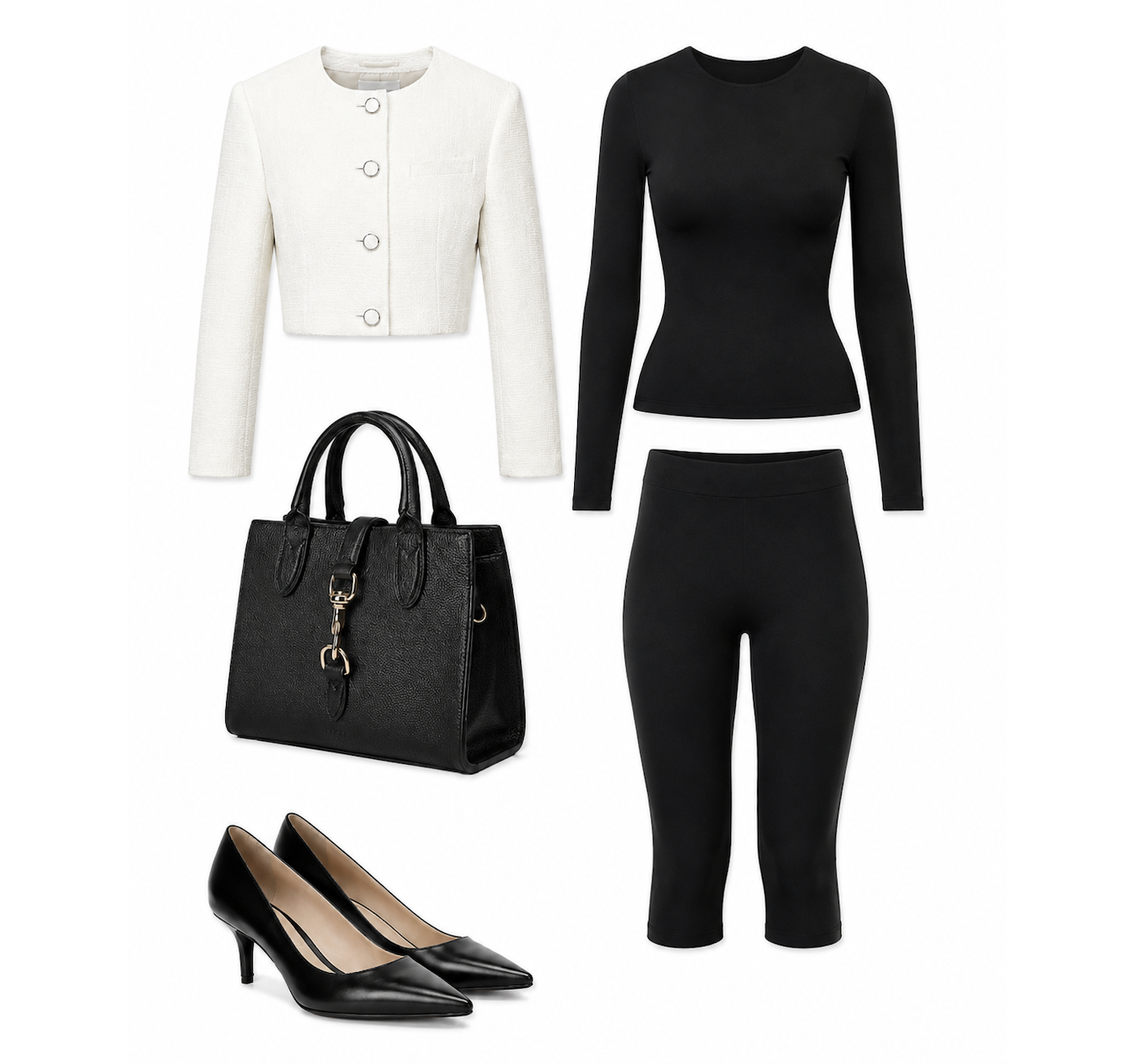 Comfortable, polished, and easy. I wore this to the office for a full workday and lunch with clients, pairing black capris with a fitted top, cropped jacket, pointed-toe kitten heels, and a classic black bag. 