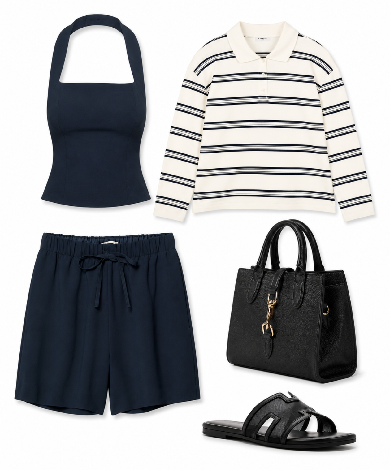 A navy top and matching shorts with black sandals and a structured black bag. I love mixing navy and black, and I’m almost always draping a knit over my shoulders, it’s one of my favorite ways to finish a look.
