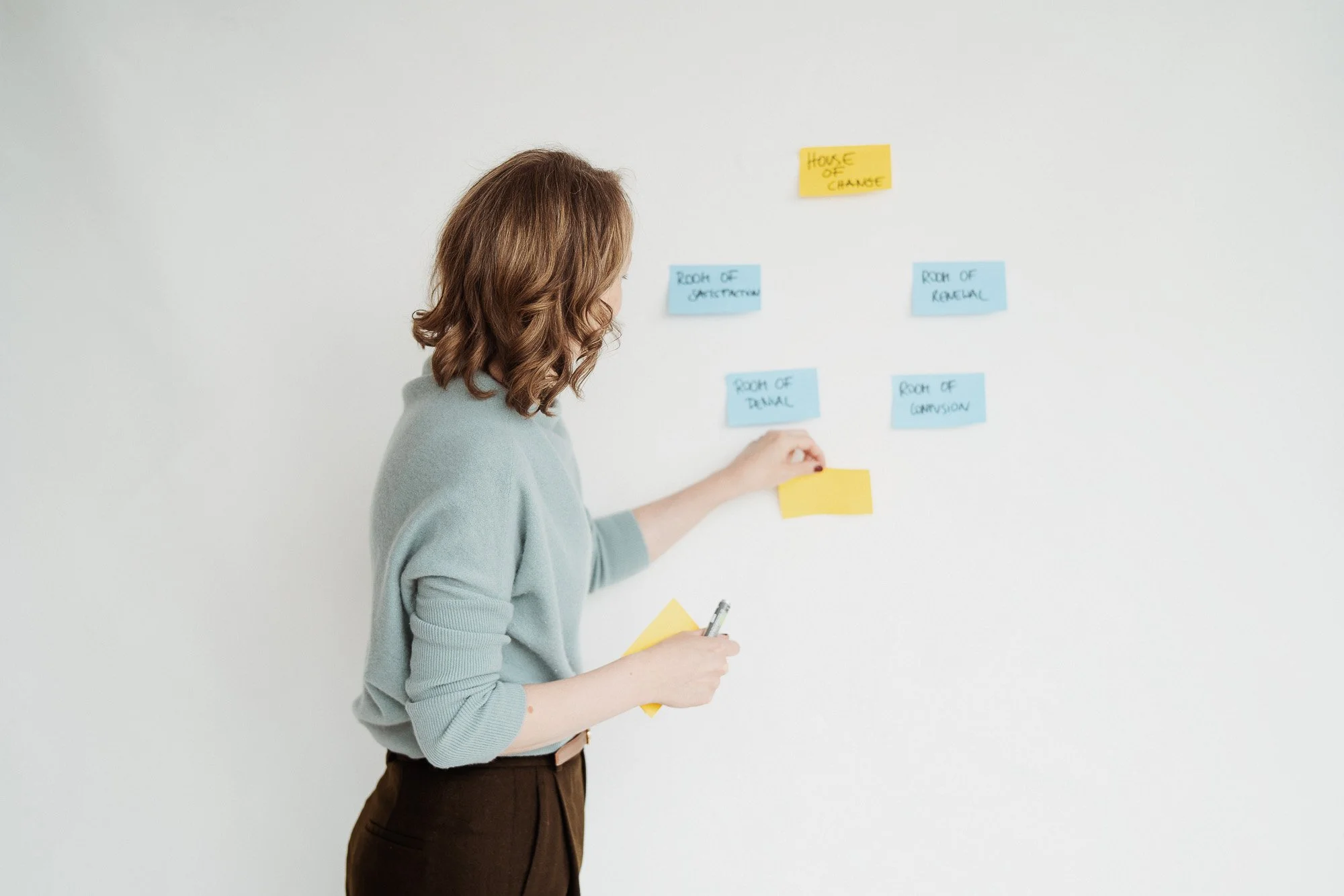 Katharina Gerhardt putting sticky notes on board for a business leadership session