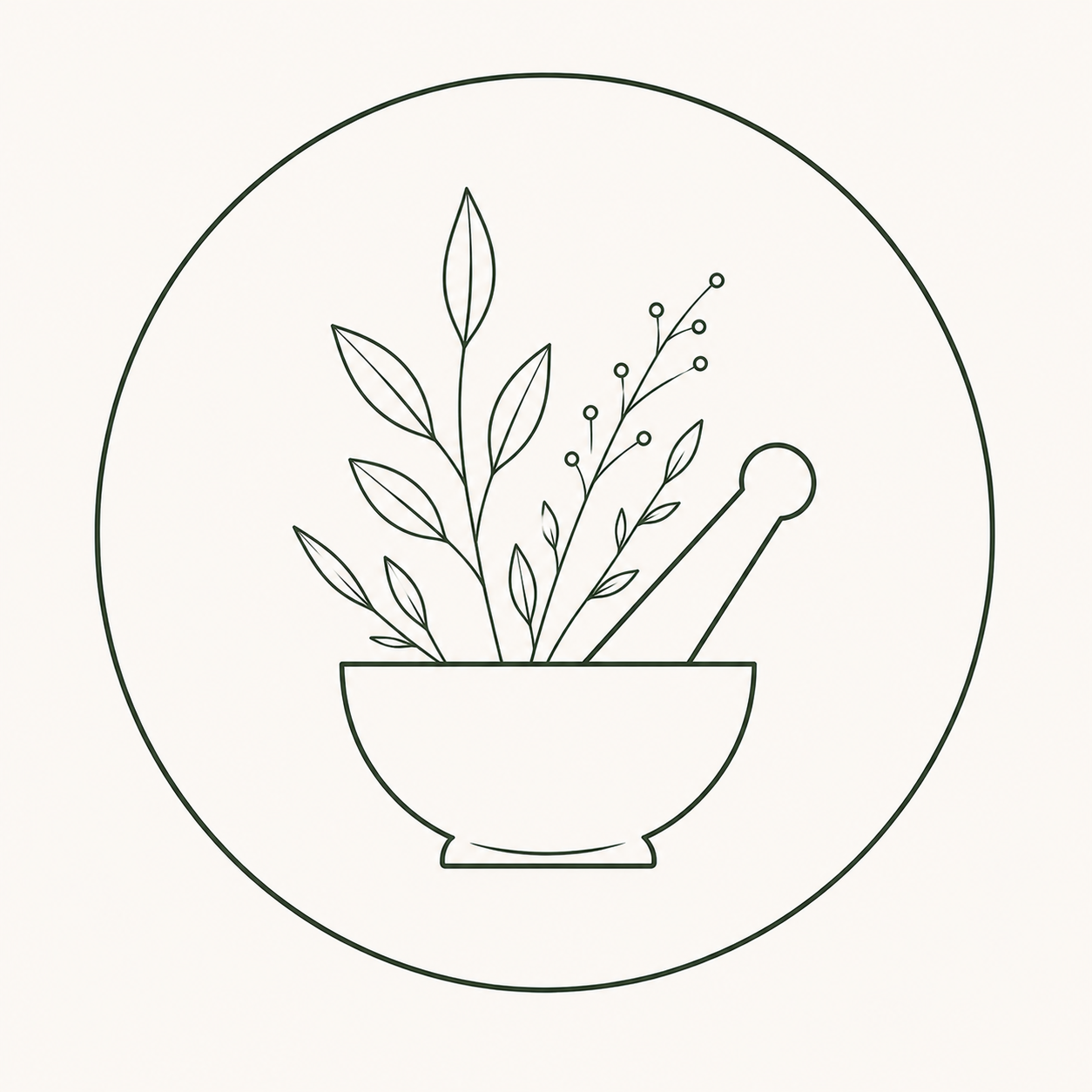 Line drawing of a mortar filled with leafy branches, small flowers, and a pestle.