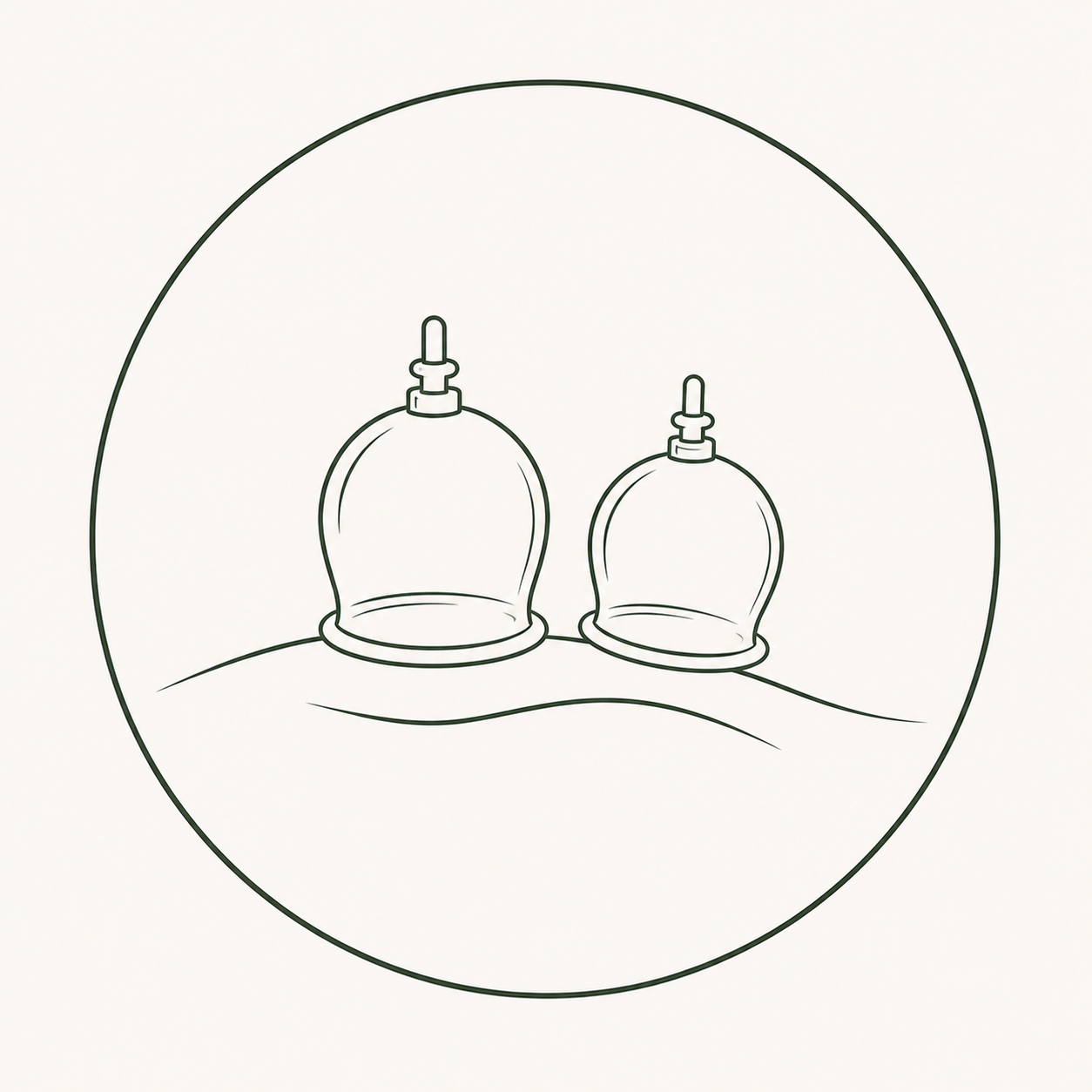 Line drawing of two ointment or cream jars with applicator tops, placed on a curved surface within a circular frame.