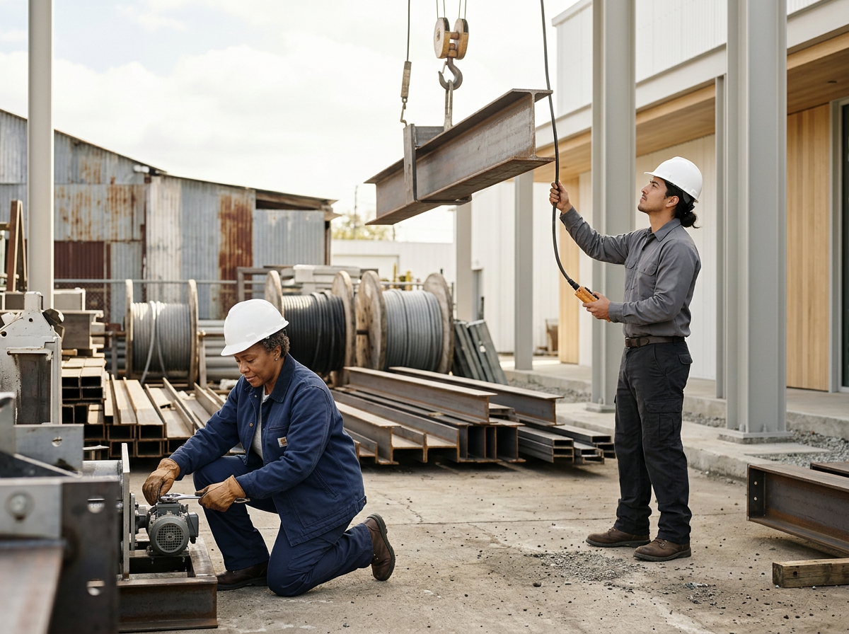Two construction workers, one kneeling and one standing, working with metal beams at an outdoor construction site. They are wearing safety helmets.