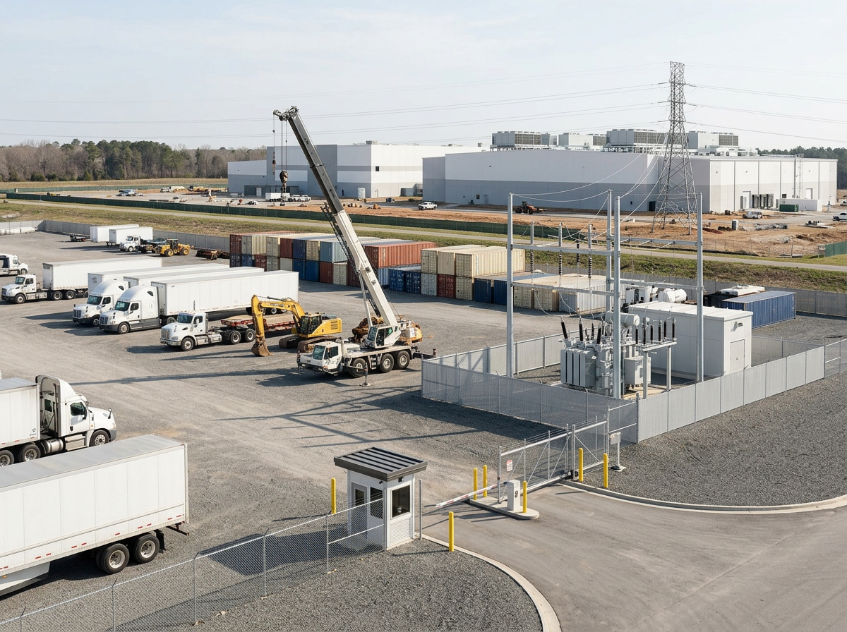 Industrial facility with a large building, several trucks, and a crane moving containers in a storage yard, with power lines and a fenced electrical substation nearby.