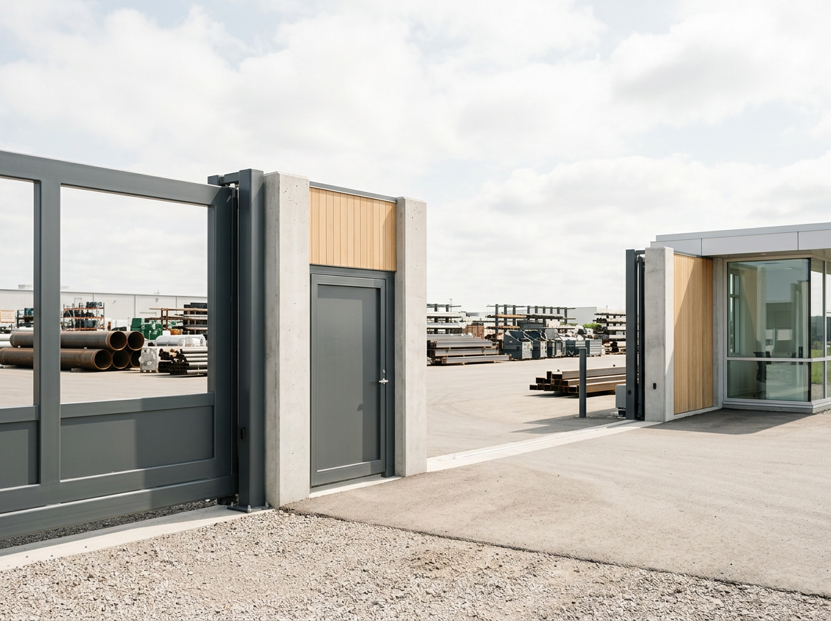 Industrial fenced area with gray gate, concrete walls, and a small building with wooden accents