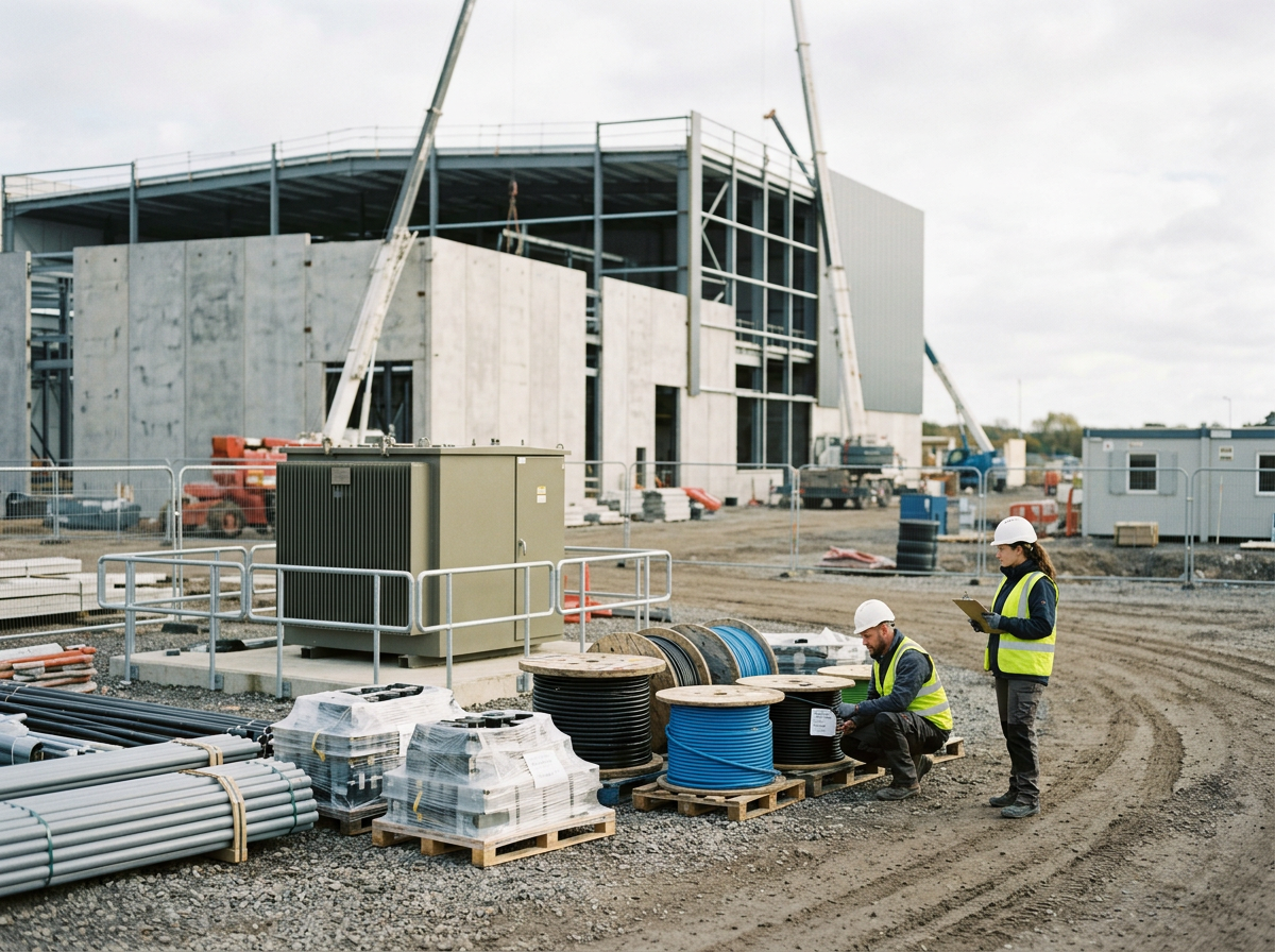Construction workers wearing safety helmets and vests at a construction site with building framework, construction equipment, and materials around