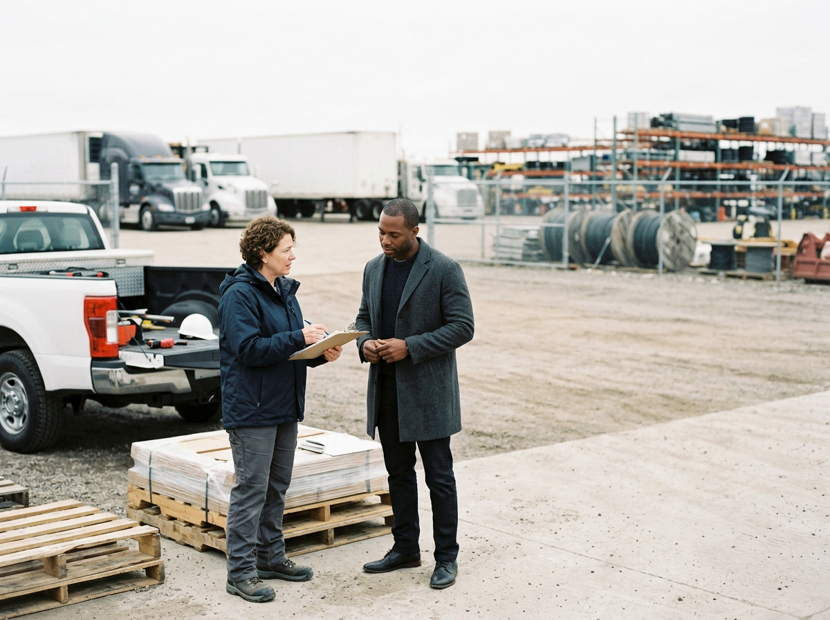 Two people in work gear talking near a white utility truck with equipment, at an industrial yard with pallets, trucks, and storage racks in the background.