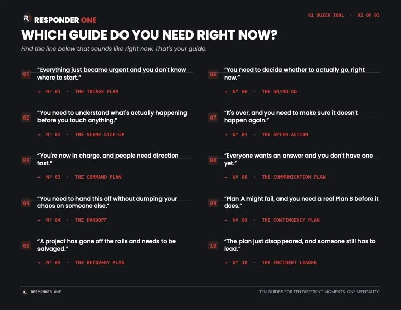 Guide titled 'Which guide do you need right now?' with ten different options for emergency response situations, each numbered and labeled with a specific plan such as triage, scene size-up, command, handoff, recovery, go/no-go decision, after-action, communication plan, contingency plan, and incident leader.