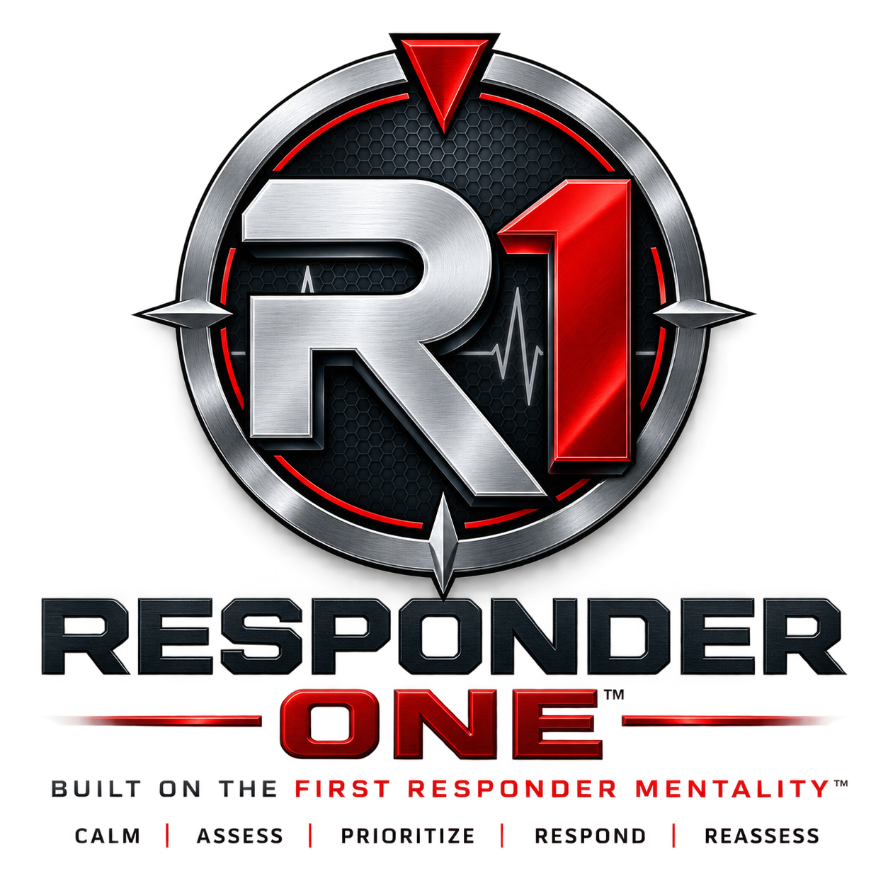 Logo for 'R1 Responder One' featuring a metallic emblem with red accents, slogan 'Built on the First Responder Mentality,' and additional text related to emergency response.
