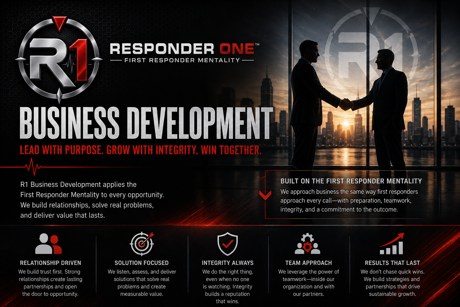 Business development promotional graphic with two businessmen shaking hands at sunset with city skyline in the background. Text highlights values such as integrity, teamwork, and strategy for growth.