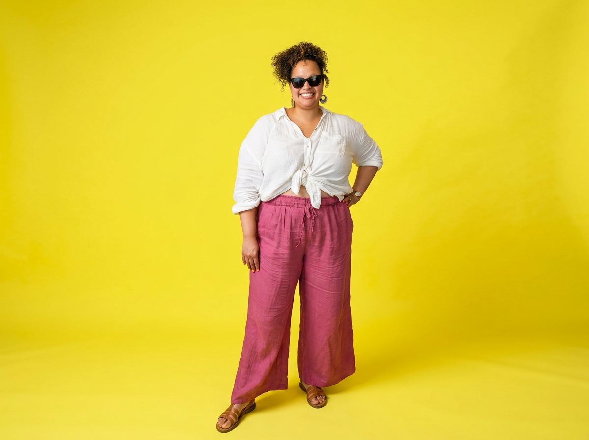 A woman standing against a yellow background, wearing black sunglasses, a white button-up shirt tied at the waist, pink wide-leg pants, and brown sandals, smiling with one hand on her hip.