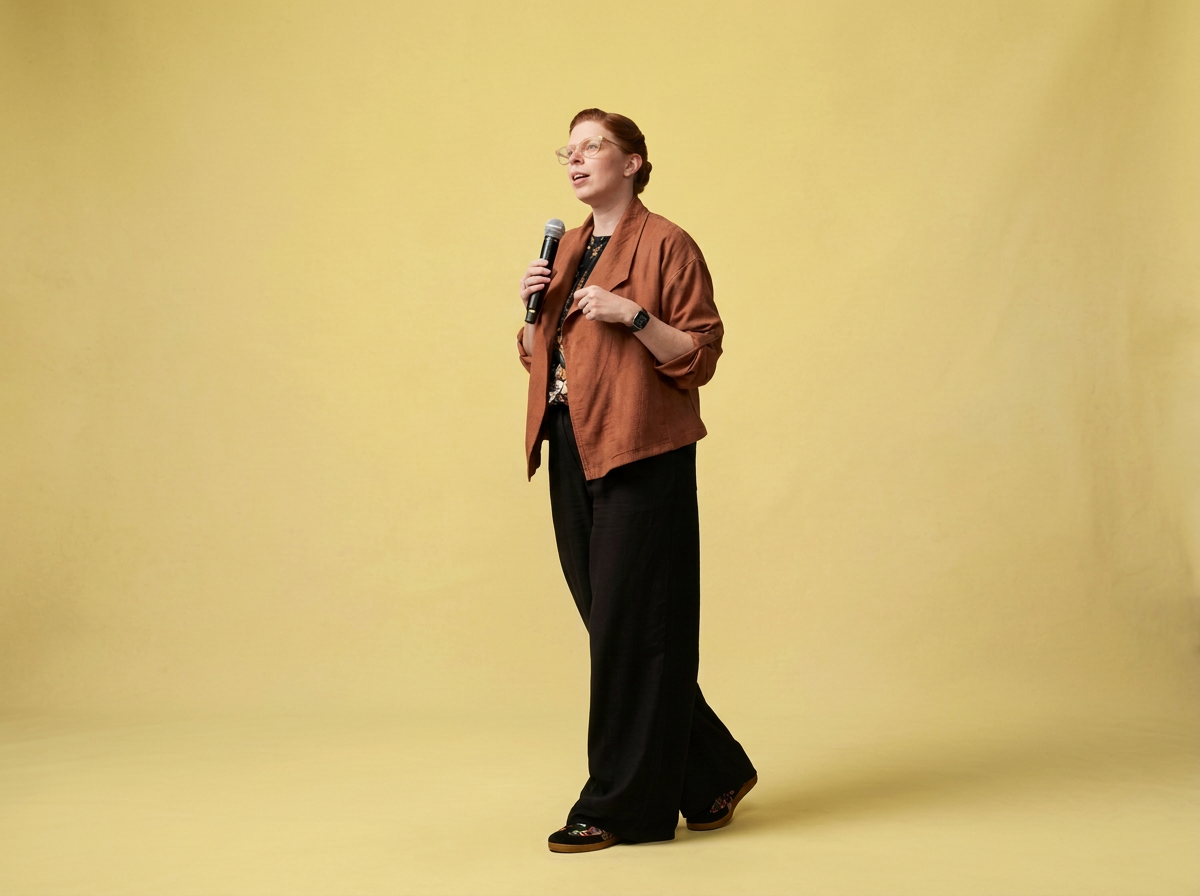 A woman with red hair and glasses holding a microphone, standing on a yellow stage, dressed in a brown jacket and black wide-leg pants.