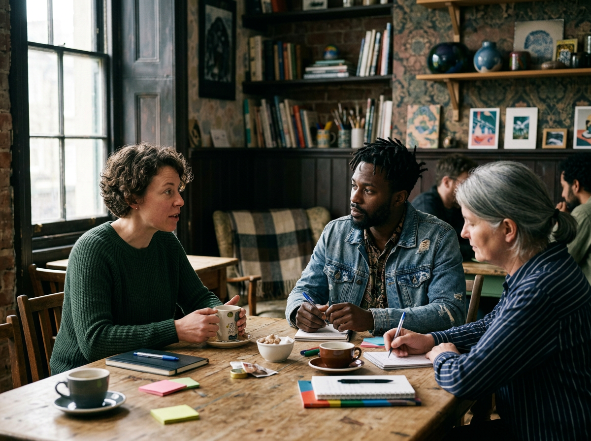 Three people sitting around a wooden table having a discussion in a cozy, decorated cafe or meeting room. There are notebooks, pens, Post-it notes, cups, and snacks on the table, with a background of books, artwork, and a large window.