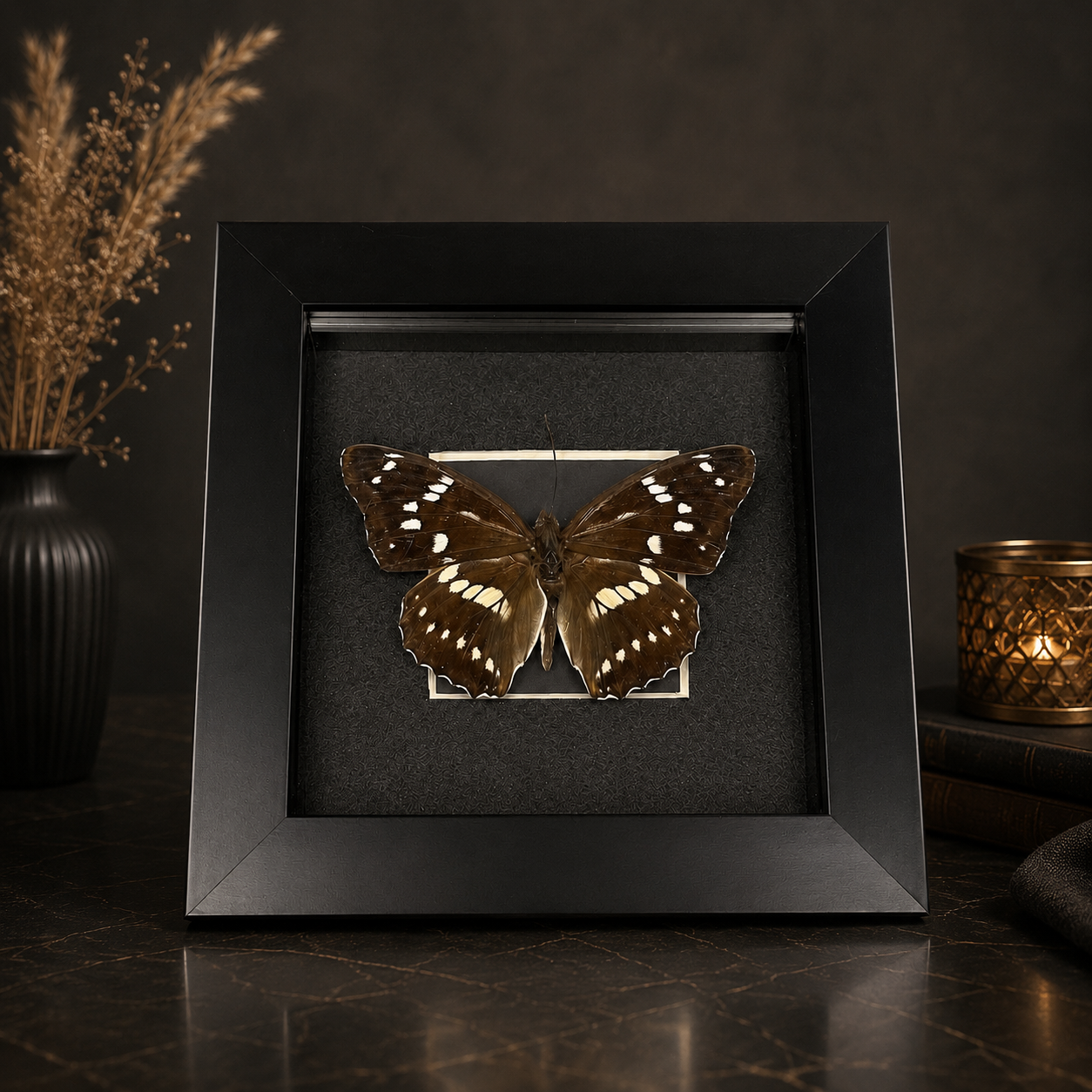 A framed display of a butterfly with brown wings and white spots, set against a black background, surrounded by decorative items on a dark surface.