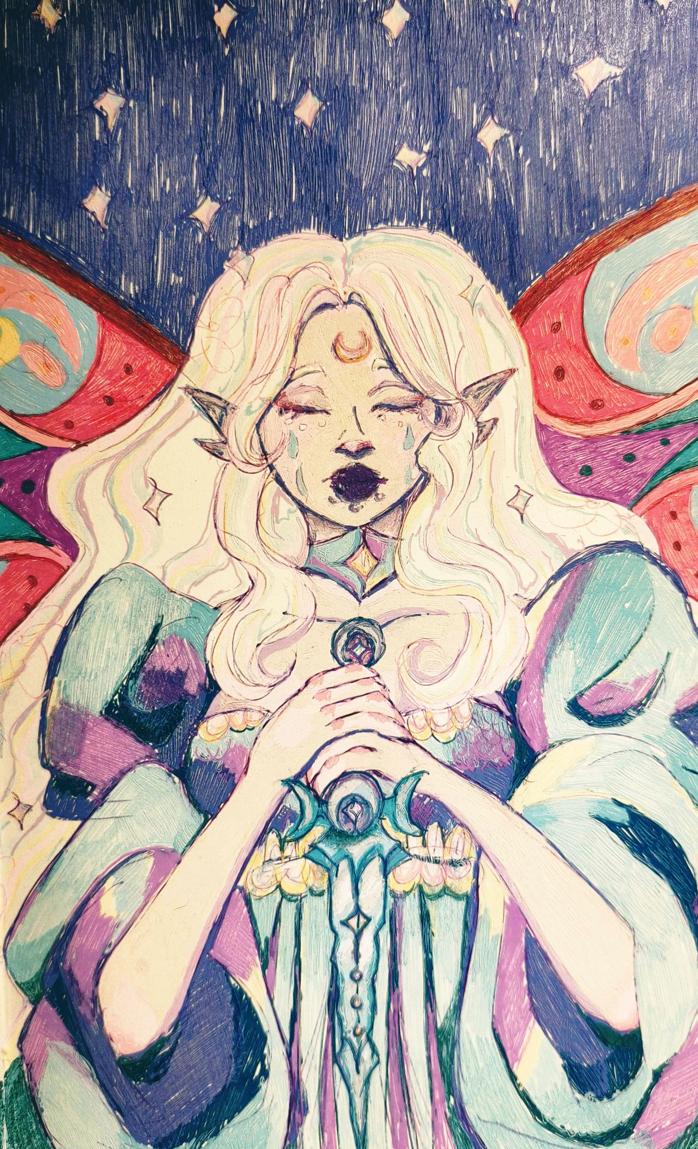 A fey maiden holds a dagger in her hands. Her eyes are closed and she is crying.