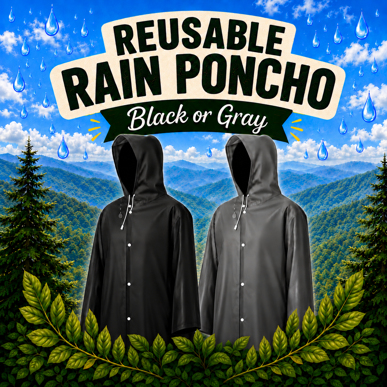 Reusable Rain Poncho – Black