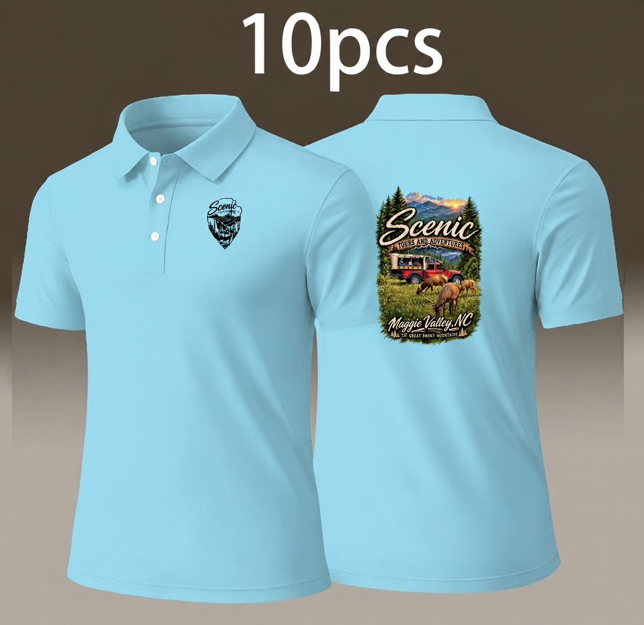 SkyBlue Medium Safari Jeep Elk Adventure Polo Shirt | Scenic Tours