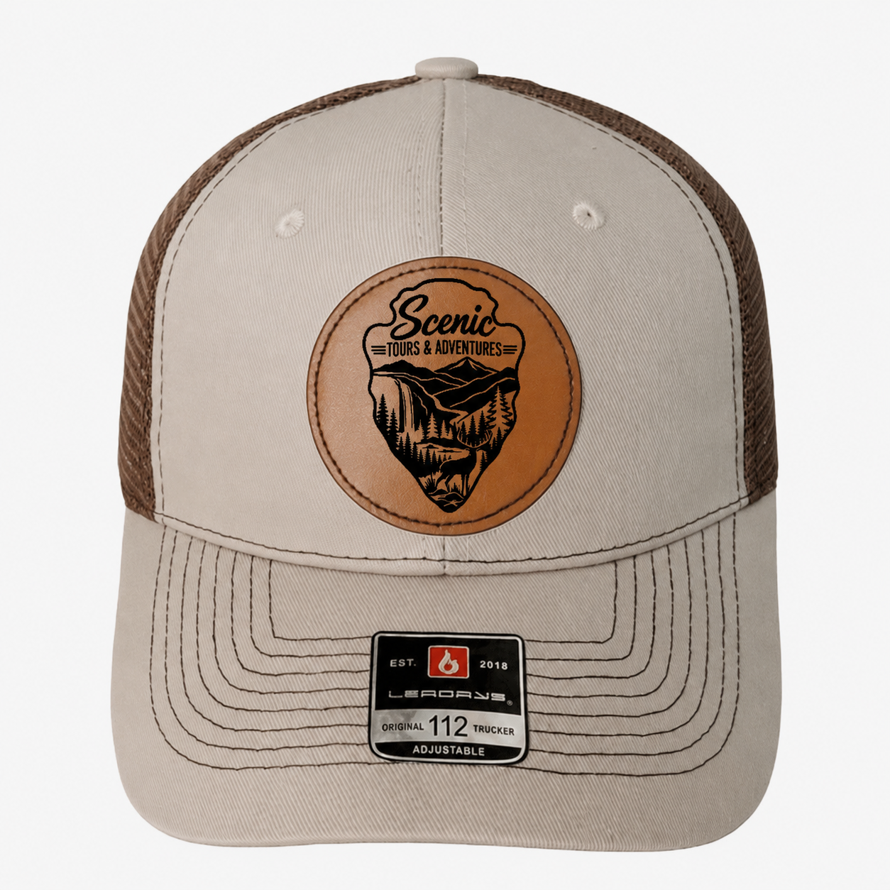 Tan & Brown  Scenic Logo Leather-Patch Trucker Hat – Adjustable | Scenic Tours