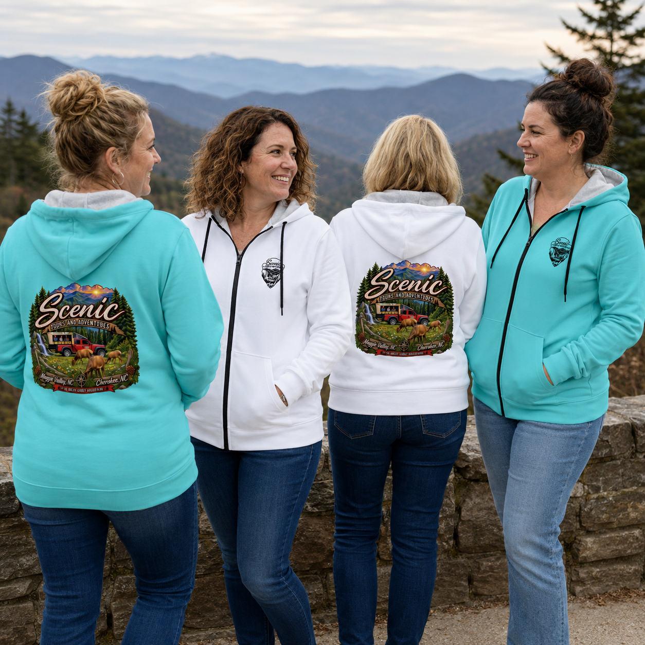 Four women standing outdoors on a stone wall with mountains in the background, wearing hoodies with a scenic logo on the back and smiles on their faces.