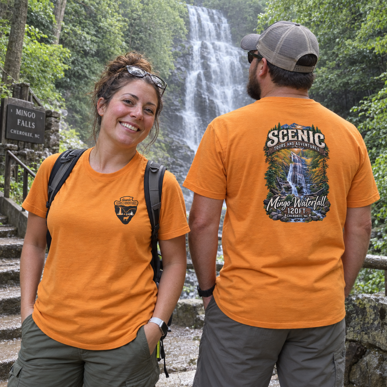 Orange Mingo Waterfall TShirt Wearing.png