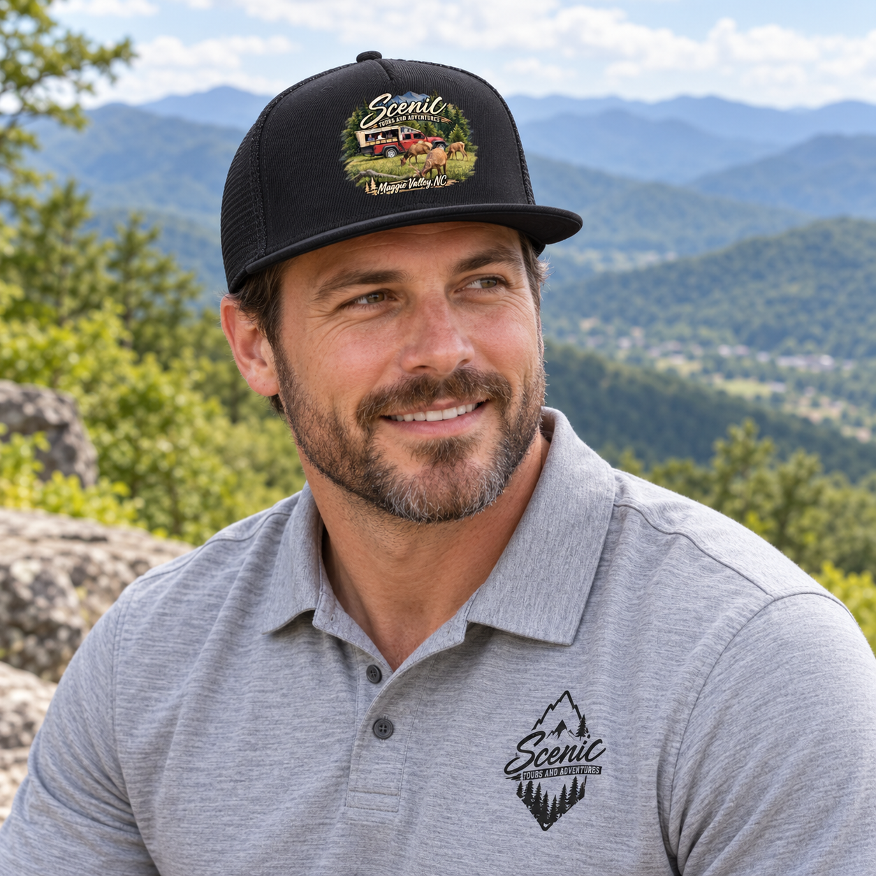 Black Snap Back Adjustiable Scenic Jeep Man Wearing it.png