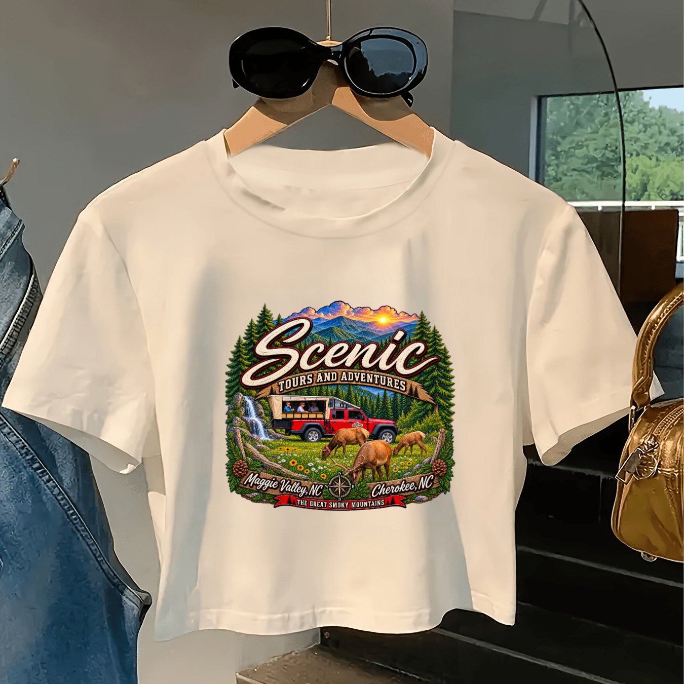 White Medium Safari Jeep Elk Adventure Crop TShirt | Scenic Tours