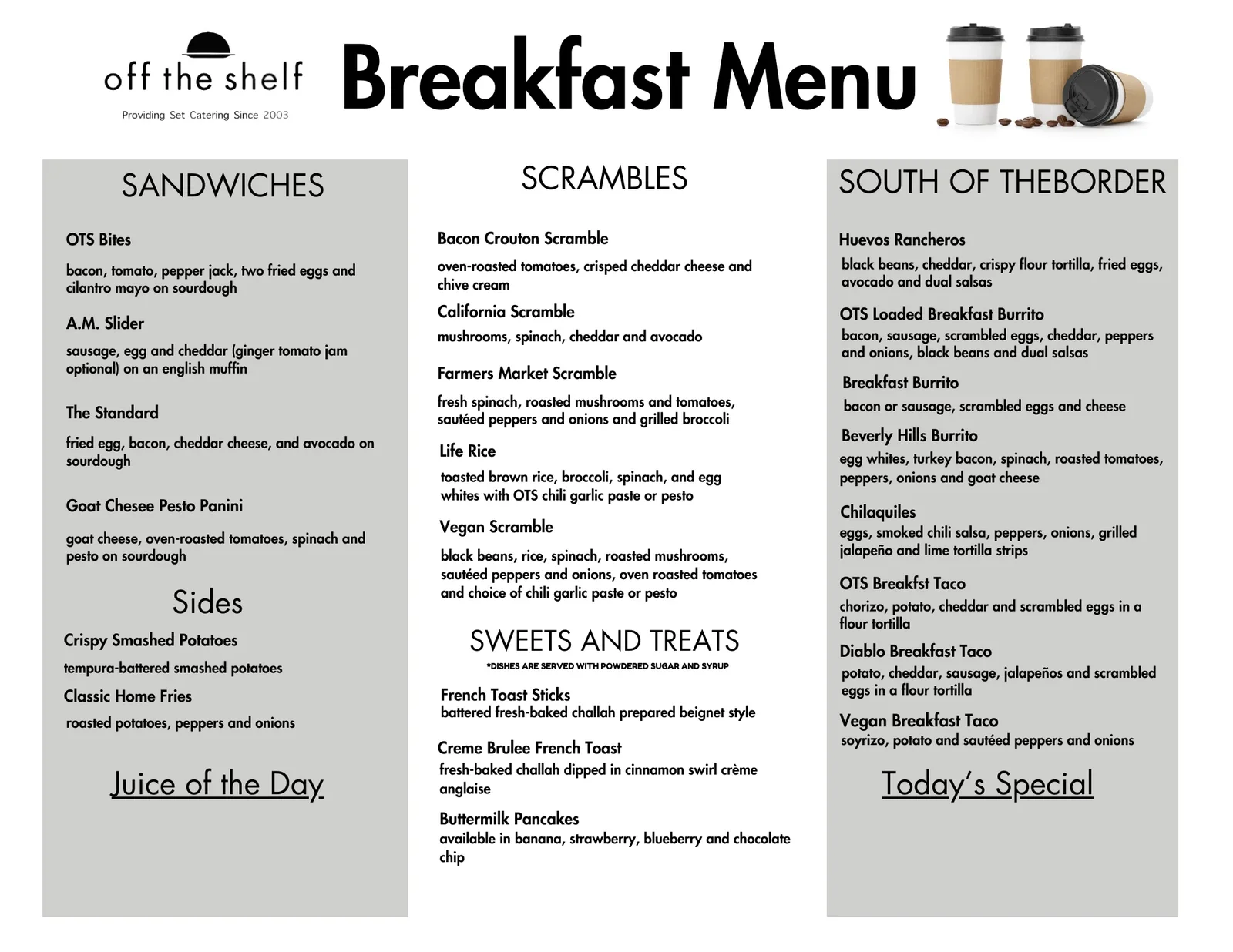 Film TV Commercial Production Catering Breakfast Menu
