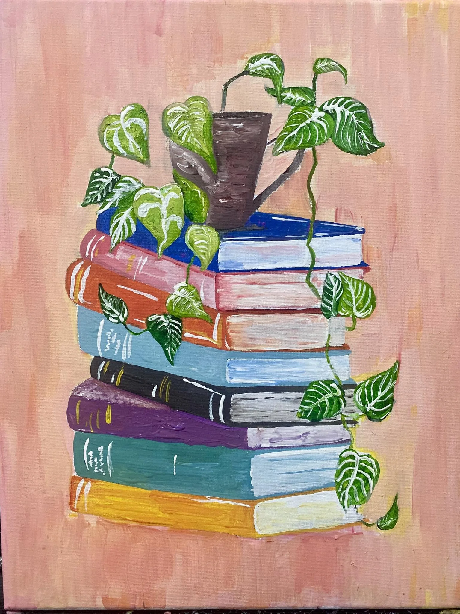 A painting of a stack of colorful books with a potted Monstera plant on top. The books are arranged with the largest at the bottom and the smallest at the top, featuring colors such as purple, yellow, white, blue, green, red, and black. The backgroun