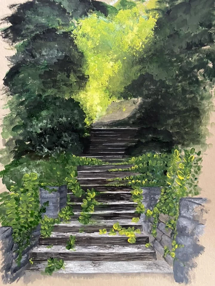 Painting of an outdoor concrete staircase surrounded by green foliage and trees.