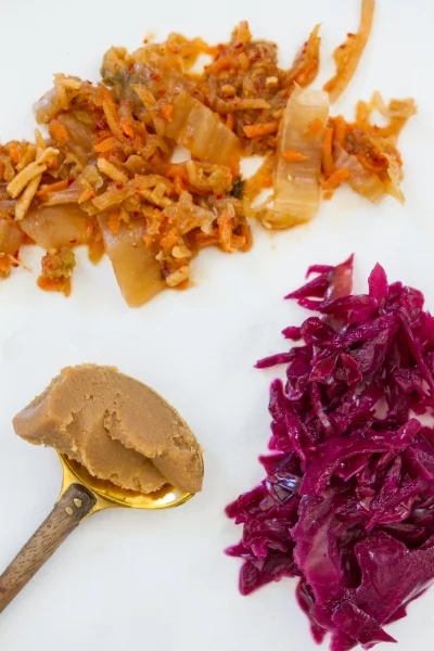 On the left you will see the miso paste,&nbsp;kimchee, and my homemade cabbage.