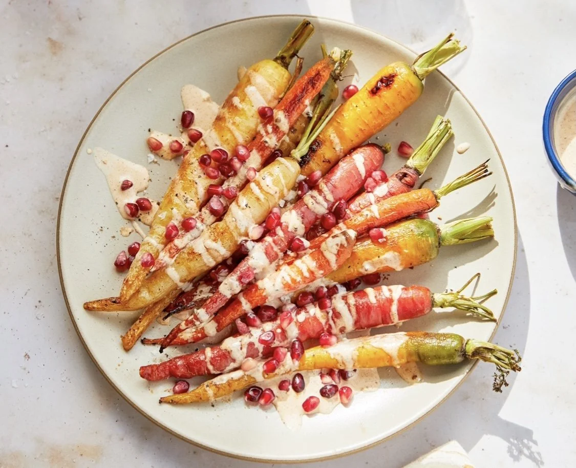 Roasted Carrots with Pomegranates and Mayo Maple Drizzle  