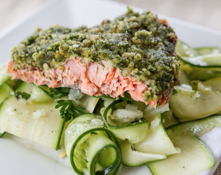 Walnut Crusted Salmon + Marinated Veggie Salad