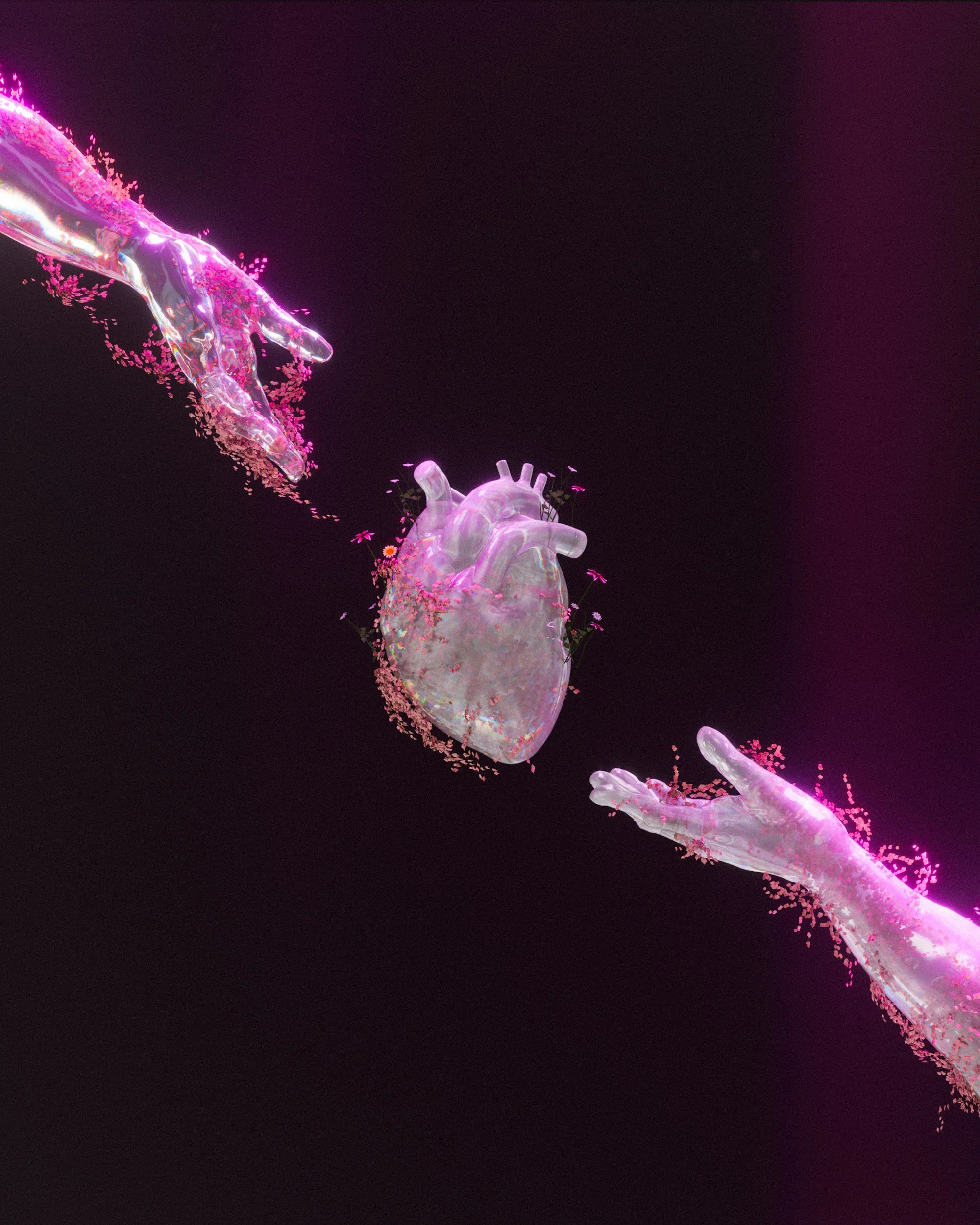 Digital artwork of transparent anatomical human hearts with pink flowers and pink light accents, set against a black background.