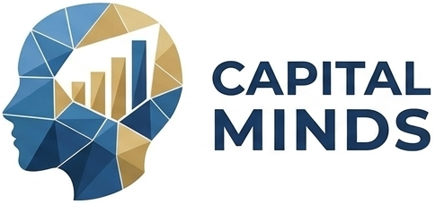 Logo for Capital Minds featuring a silhouette of a human head with a bar chart inside, and the text 'CAPITAL MINDS' in bold letters.