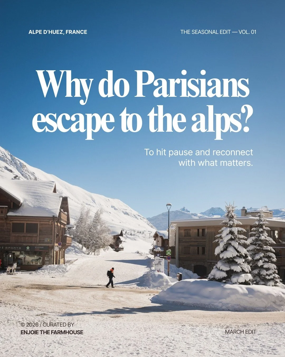 Why do Parisians escape to the alps? To hit pause, breathe and reset. 

A few days at the farmhouse is all about slowing down, reconnecting, and finding your own rhythm &mdash; from mountain walks and cozy mornings to quiet moments in the sauna. 

Sw