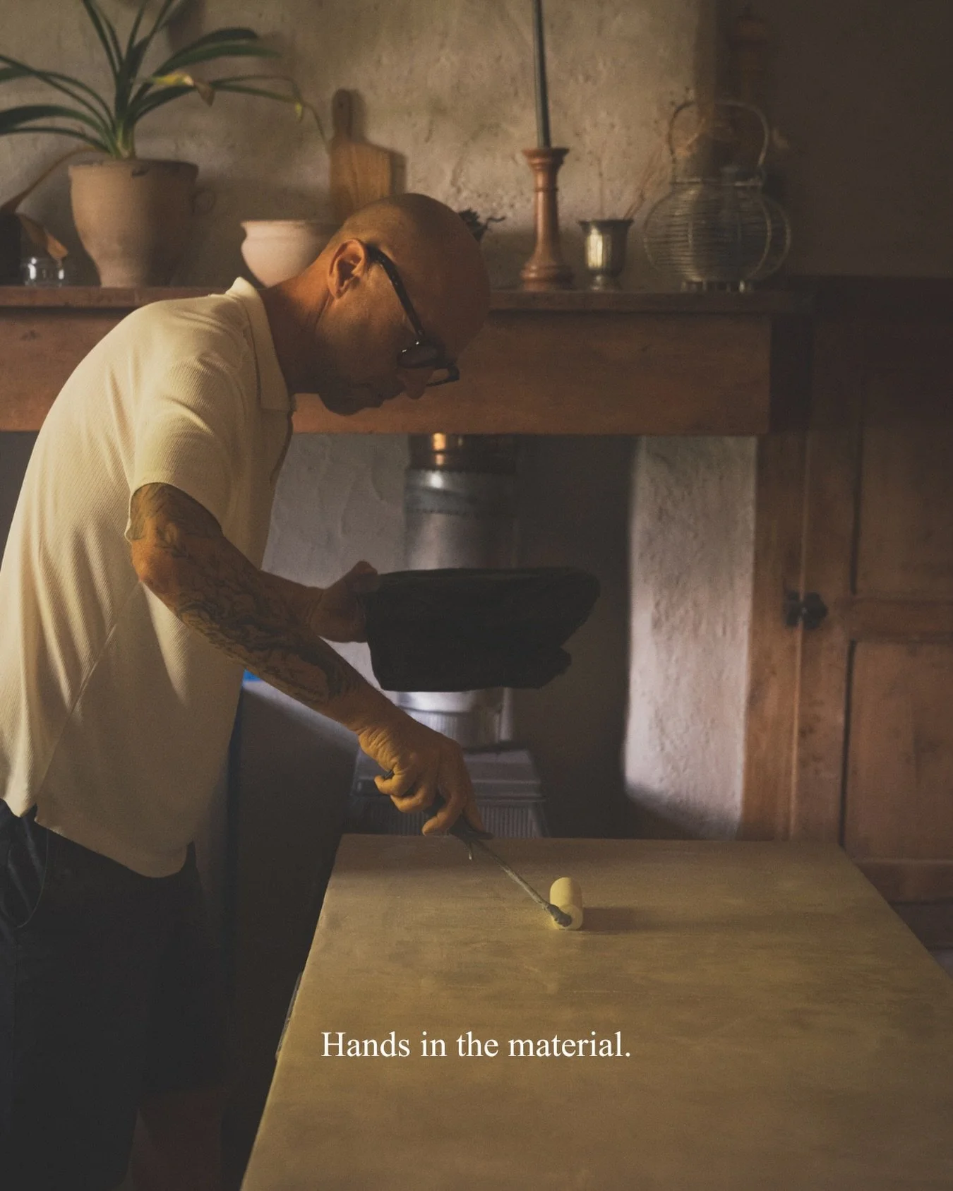Years ago, Kris started learning materials the only way that actually teaches you anything.. by hand, at the farmhouse, trying them, getting them wrong sometimes, seeing how they age and how they hold up.

Plaster, stone, cement, wood. What looks rig