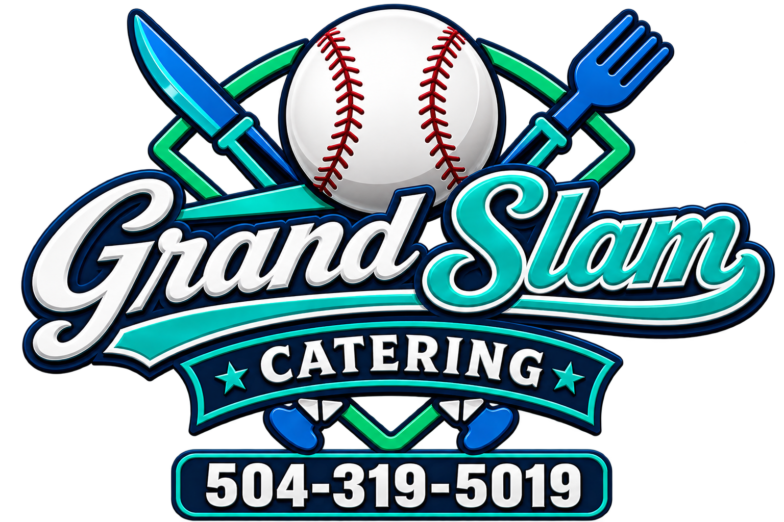 Colorful neon-style sign for Grand Slam Catering featuring a baseball, a knife, a fork, and a banner with a phone number.