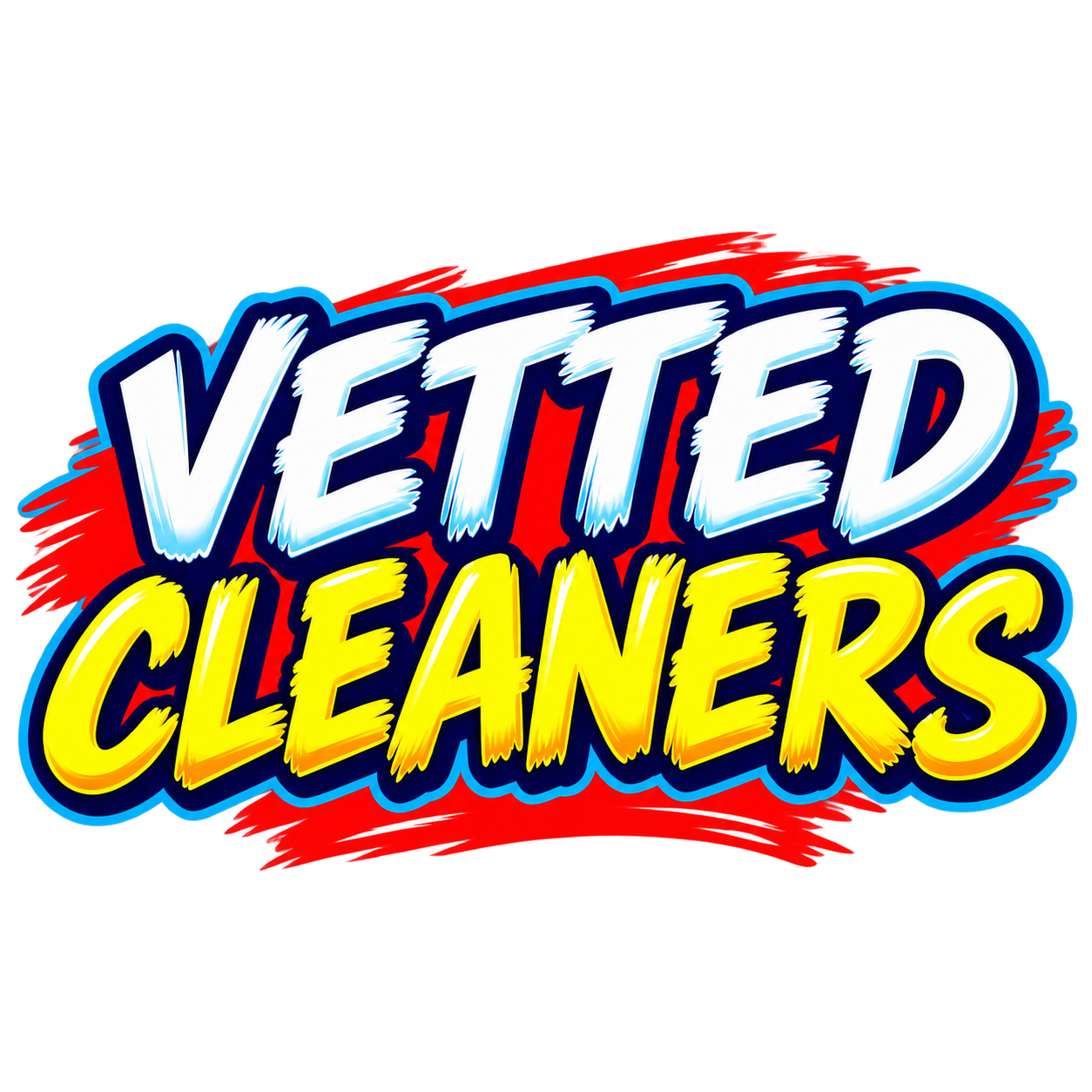 Brightly colored graphic with the words "VETTED CLEANERS" in bold, stylized font, featuring a blue and white "VETTED" on top and yellow "CLEANERS" below, set against a red background with a brushstroke effect.