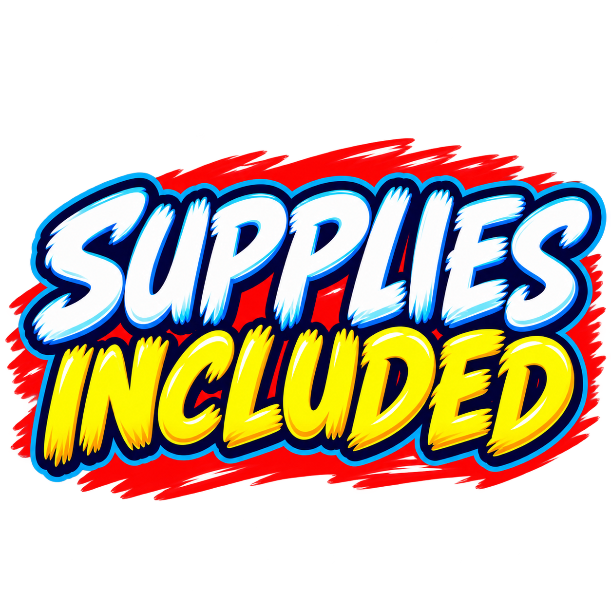Text graphic stating 'Supplies Included' with bold, colorful font and dynamic background design.