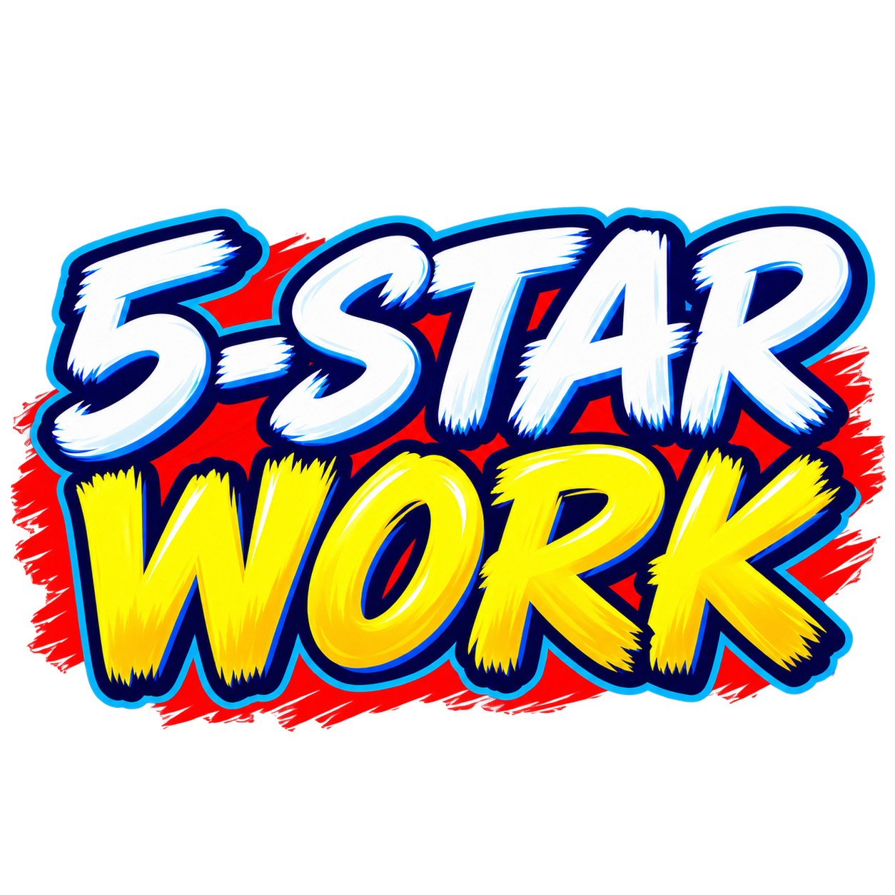 Colorful comic style text saying '5-Star Work' with a red and blue background.