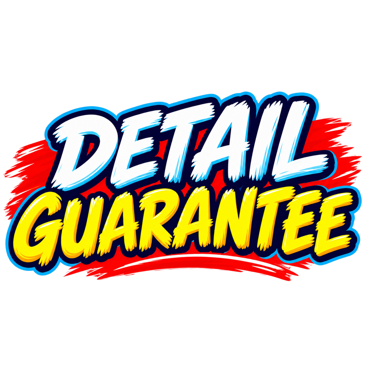 Colorful graphic with the words "Detail Guarantee" in bold, stylized text, with a red brushstroke background.