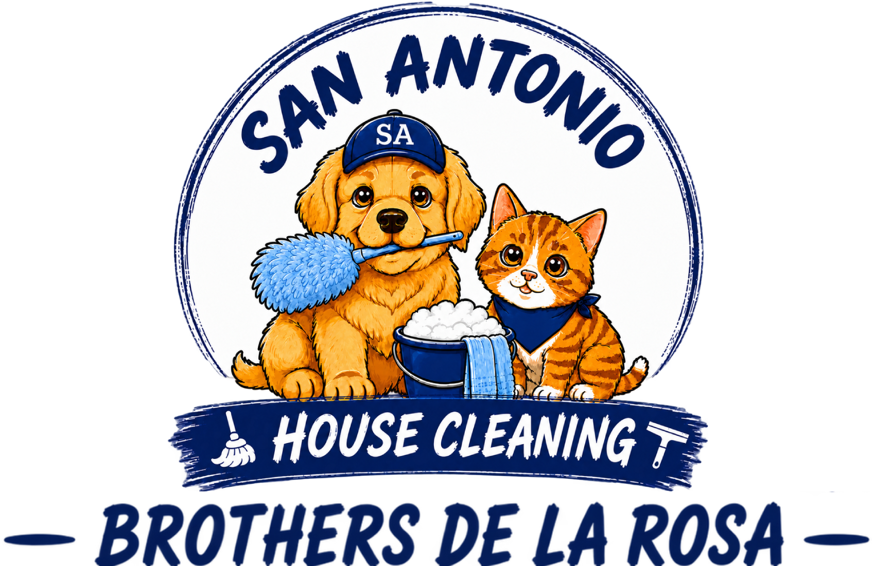 Illustration of a dog and a cat with house cleaning supplies. The dog wears a blue cap with 'SA', holds a duster in its mouth, and the cat wears a blue bandana. They are part of a logo for a house cleaning service named 'San Antonio House Cleaning'.