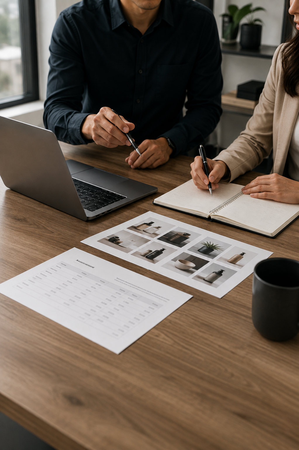 Two people sitting at a desk discussing, with a laptop, notebooks, printed photographs of home decor items, and a sheet of paper with a table, in an office setting.