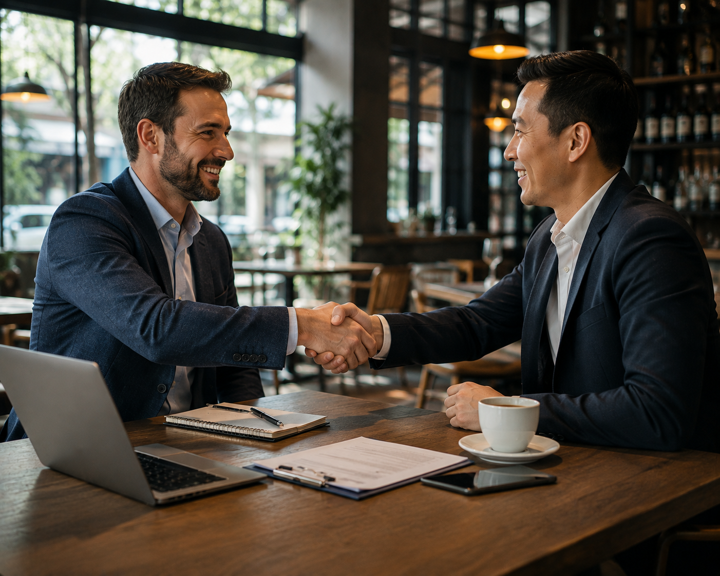 Two men in business suits shake hands across a wooden table in a cozy cafe or restaurant with large windows, a bar in the background, and a laptop, coffee cup, notebooks, and a smartphone on the table.