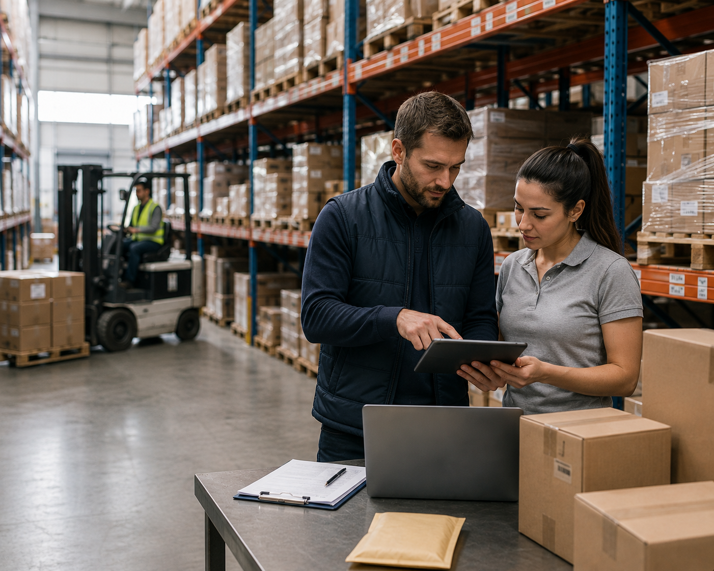 Two warehouse workers, a man and a woman, reviewing information on a tablet at a packing station, with boxes and a forklift in the background.