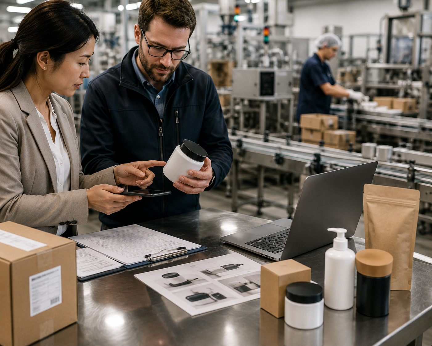 Two people inspecting product packaging and labels in a manufacturing or packaging facility, with a worker in the background handling boxes on an assembly line, and a work table with various products, documents, a laptop, and hand sanitizer.
